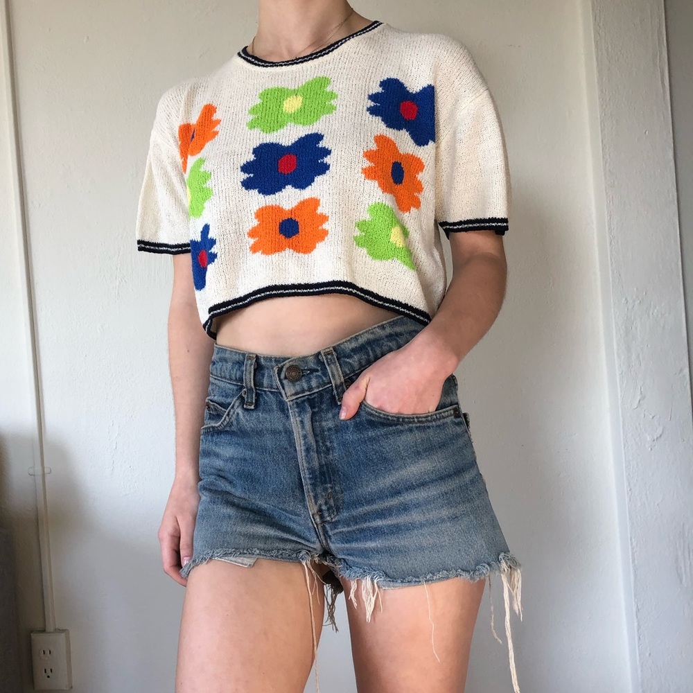 SOLD Vintage Flower Power Knit Crop Top